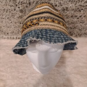 Danielle Meucci Denim And Paper Straw Striped Multicolor Bucket Hat